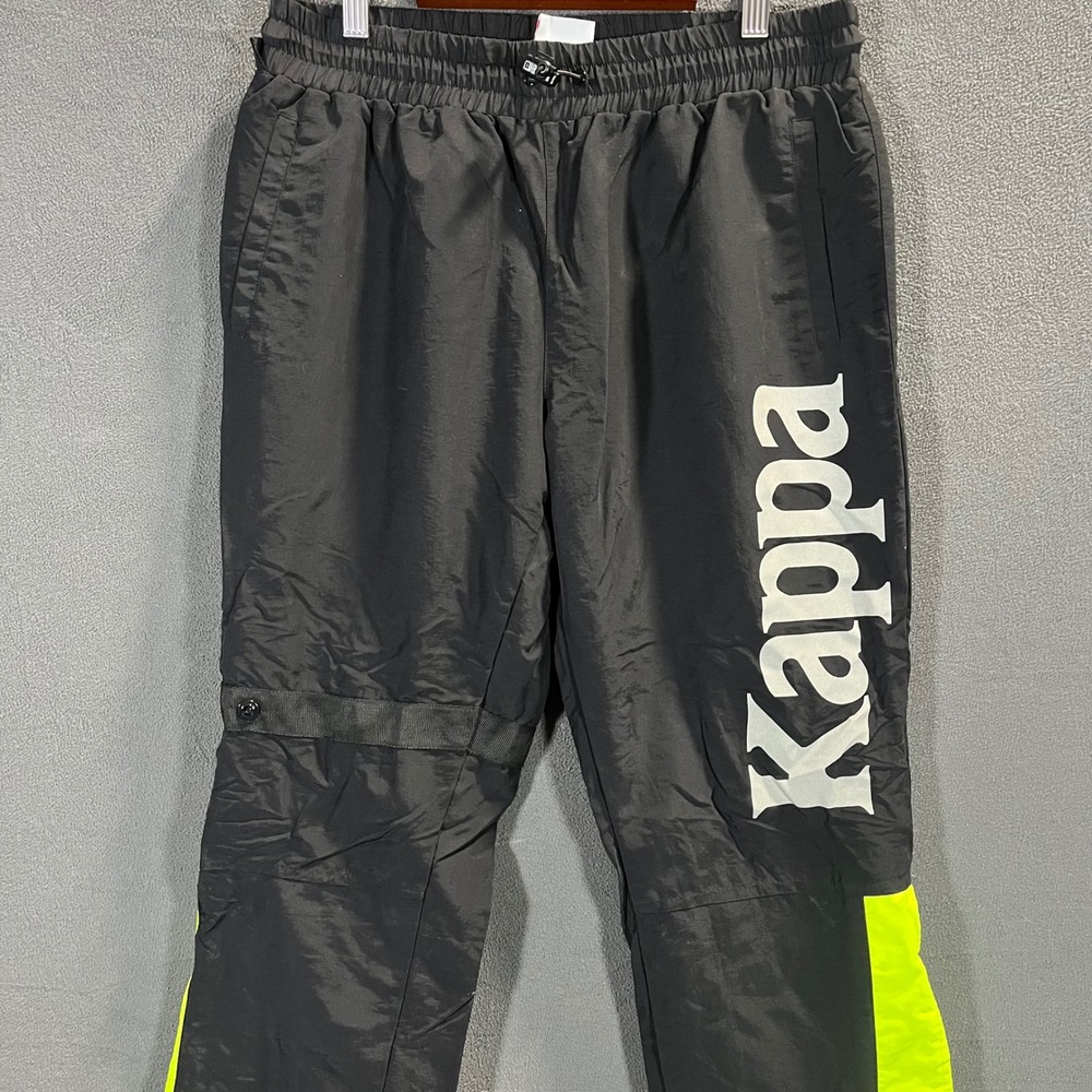 Kappa Mens Track Pants Black Neon Yellow Logo Mesh Lined Joggers Medium